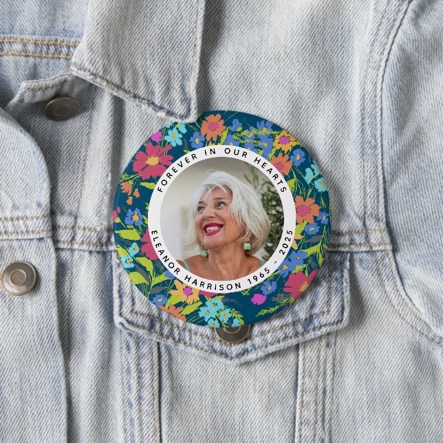 Pretty Wildflower Memorial Photo Frame with Text 10 Cm Round Badge (In Situ)