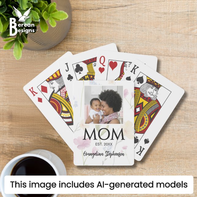 Pretty Wildflower New Mum Established Playing Cards (Wildflower MOM ESTABLISHED photo playing   cards with custom name and year. Ideal Mother's Day gift.)