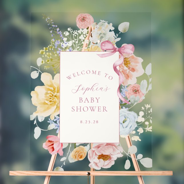 Pretty Wildflower Pink Bow Baby Shower Welcome Acrylic Sign (Neutral)