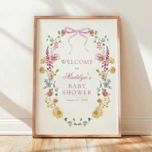 Pretty Wildflower Pink Bow Baby Shower Welcome Poster