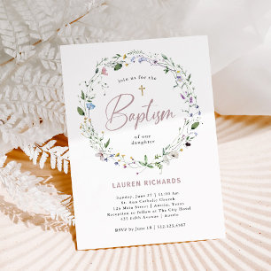Pretty Wildflower Wreath and Cross   Baptism Invitation