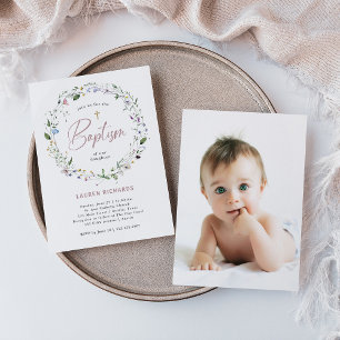 Pretty Wildflower Wreath   Photo Back Baptism Invitation