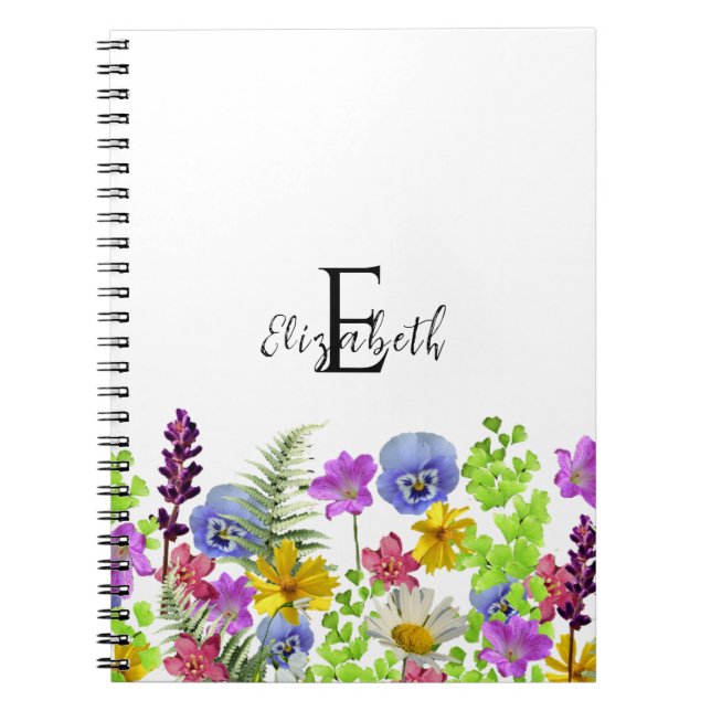 Pretty Wildflowers Custom Name and Monogram Notebook (Front)