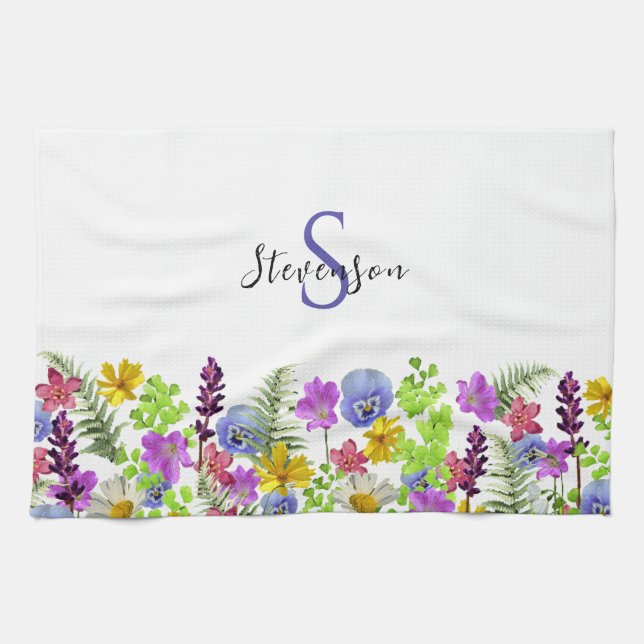 Pretty Wildflowers Custom Name and Monogram Tea Towel (Horizontal)