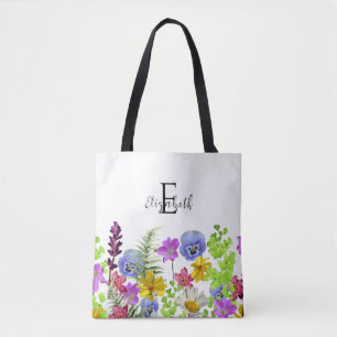 Pretty Wildflowers Custom Name and Monogram Tote Bag