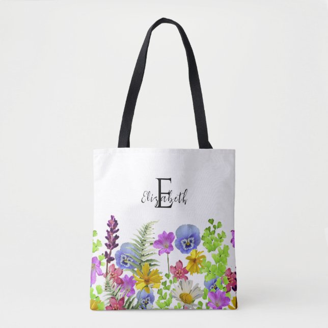 Pretty Wildflowers Custom Name and Monogram Tote Bag (Front)