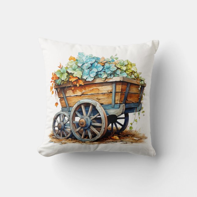 Pretty Wildflowers In A Wooden Wagon Cushion (Front)