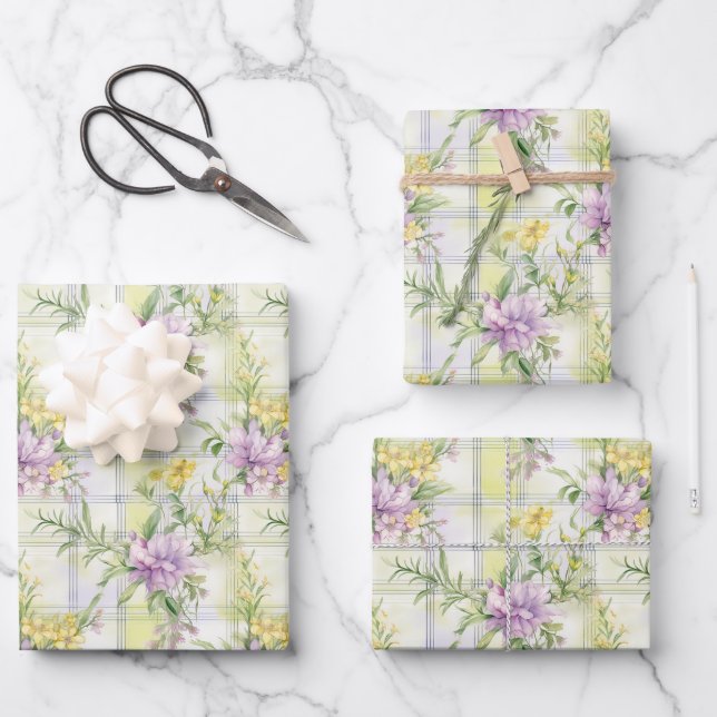 Pretty Wildflowers Purple, Yellow, Green Wrapping Paper Sheet (Front)
