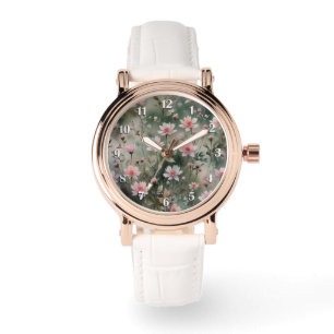 Pretty Wildflowers White Numbers Watch