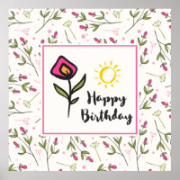Pretty Wildlflowers and Sun Illustration Birthday