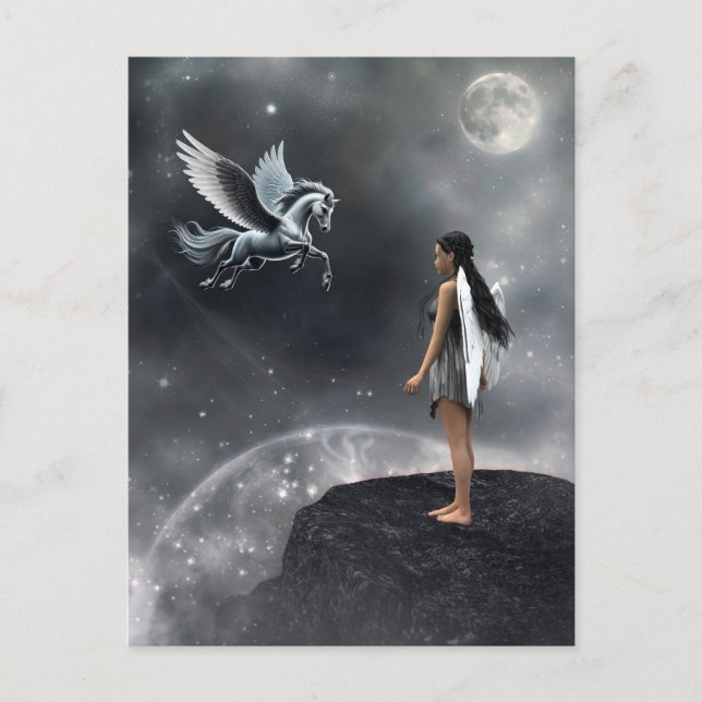 Pretty Winged Fairy and Flying Horse Postcard (Front)