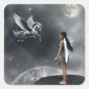 Pretty Winged Fairy and Flying Horse Square Sticker