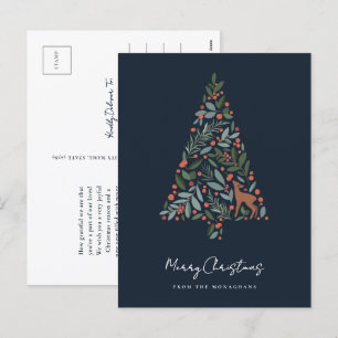 Pretty Winter Foliage Christmas Tree Little Deer Holiday Postcard