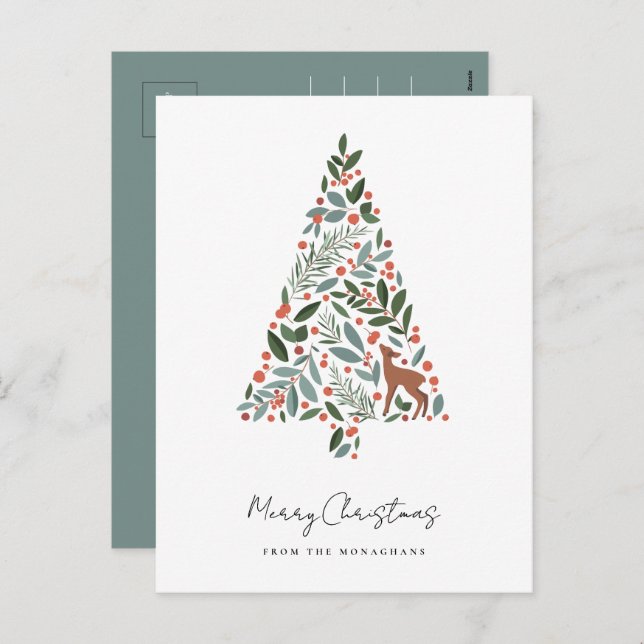 Pretty Winter Foliage Christmas Tree | Little Deer Holiday Postcard (Front/Back)