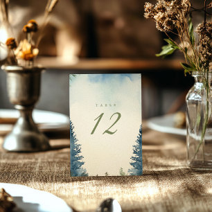Pretty winter green pine trees table number