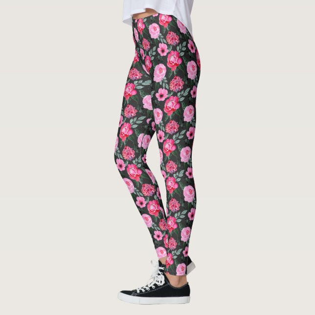 Pretty Winter Grey Pink Floral Watercolor Pattern Leggings (Left)