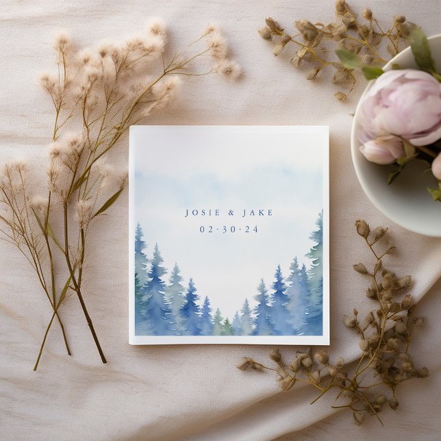 Pretty winter pine trees wedding napkin (Pretty napkin with blue pine trees. Used for a wedding reception meal with names and date.)