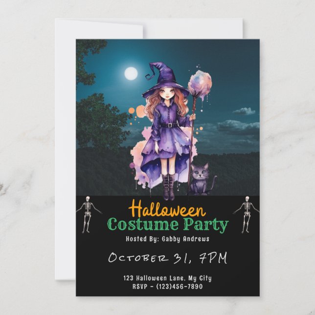 Pretty Witch Black Cat Full Moon Black Halloween Invitation (Front)