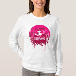 Pretty Witch Flying Broom against Full Moon T-Shirt