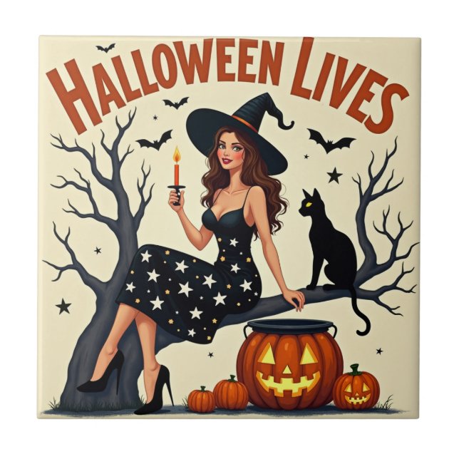 Pretty Witch Lady Drinking By The Tree Tile (Front)