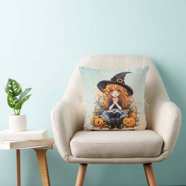 Pretty Witch with Red Curly Hair Blue Halloween Cushion (Chair)