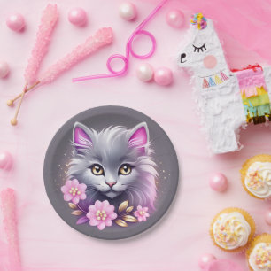 Pretty with Pink Flowers Kitty Cat Paper Plate