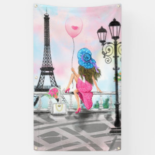 Pretty Woman and Pink Heart Balloon - I Love Paris Banner