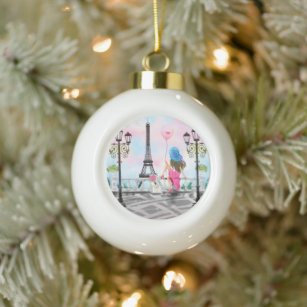 Pretty Woman and Pink Heart Balloon - I Love Paris Ceramic Ball Christmas Ornament
