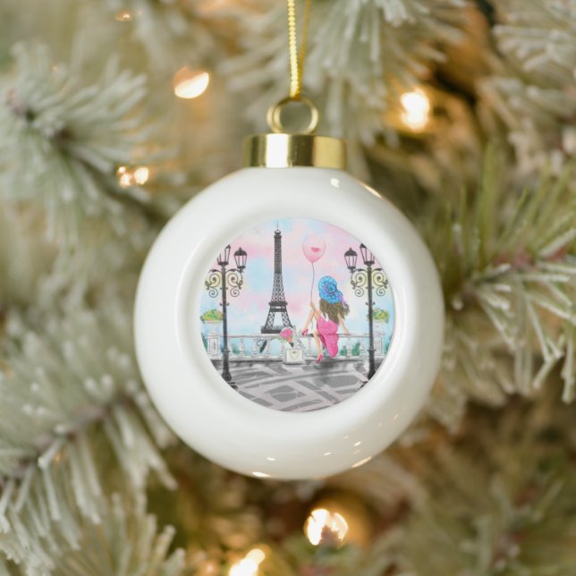Pretty Woman and Pink Heart Balloon - I Love Paris Ceramic Ball Christmas Ornament (Tree)