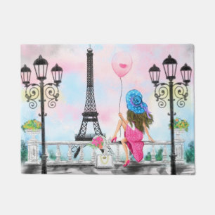 Pretty Woman and Pink Heart Balloon - I Love Paris Doormat