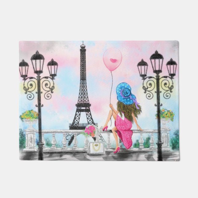Pretty Woman and Pink Heart Balloon - I Love Paris Doormat (Front)