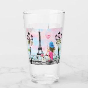 Pretty Woman and Pink Heart Balloon - I Love Paris Glass