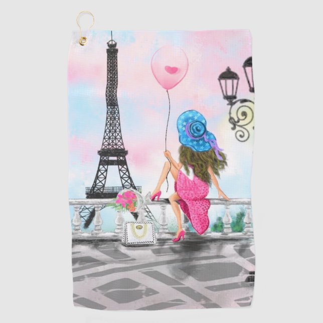 Pretty Woman and Pink Heart Balloon - I Love Paris Golf Towel (Front)