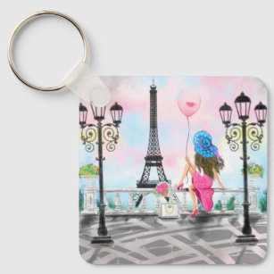 Pretty Woman and Pink Heart Balloon - I Love Paris Key Ring