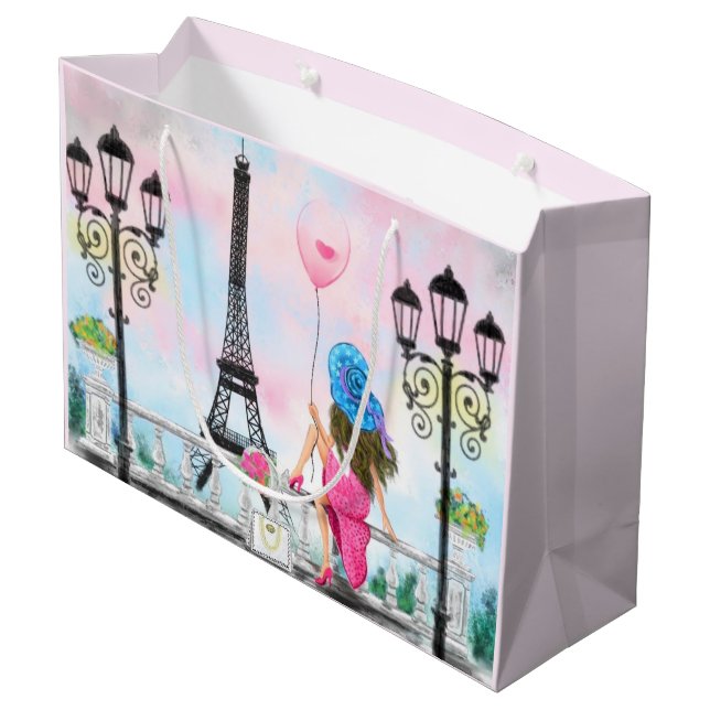 Pretty Woman and Pink Heart Balloon - I Love Paris Large Gift Bag (Back Angled)