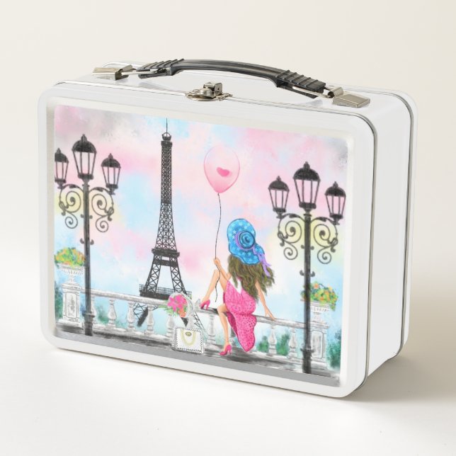 Pretty Woman and Pink Heart Balloon - I Love Paris Metal Lunch Box (Front)