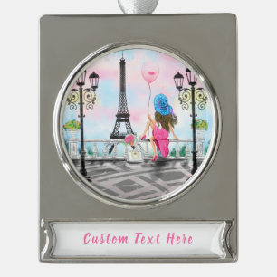 Pretty Woman and Pink Heart Balloon - I Love Paris Silver Plated Banner Ornament
