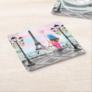 Pretty Woman and Pink Heart Balloon - I Love Paris Square Paper Coaster