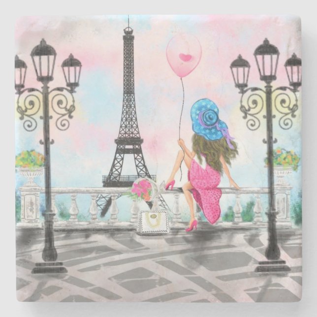 Pretty Woman and Pink Heart Balloon - I Love Paris Stone Coaster (Front)