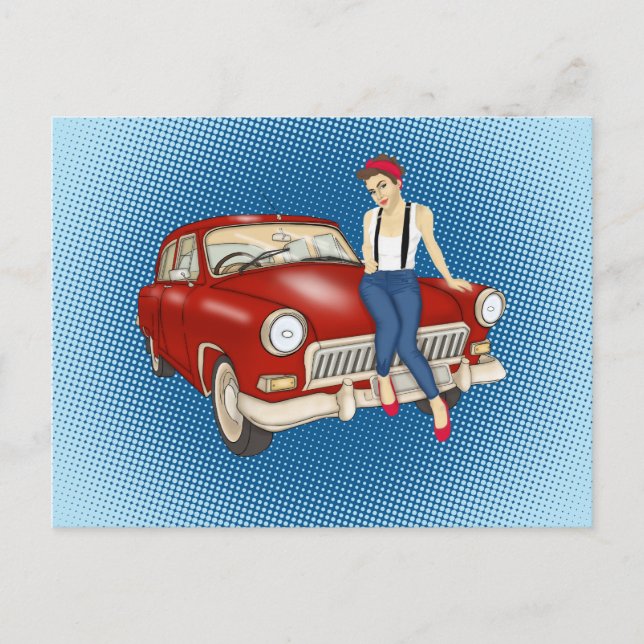 Pretty woman and  red car postcard (Front)