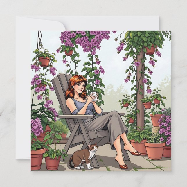 Pretty Woman Drinking Coffee, Her Dog and Plants (Front)