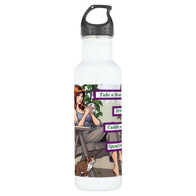 Pretty Woman Drinking Coffee, Her Dog and Plants 710 Ml Water Bottle (Front)