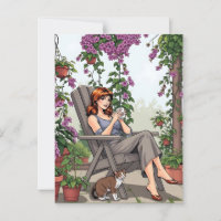 Pretty Woman Drinking Coffee, Her Dog and Plants