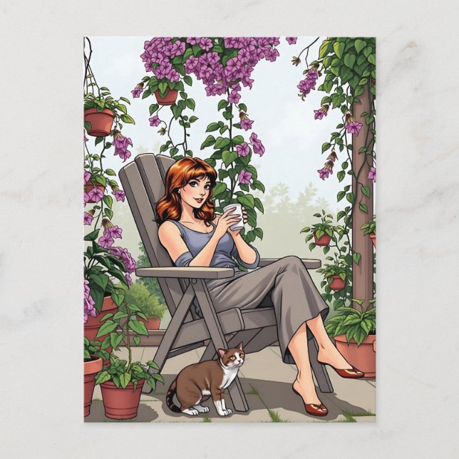 Pretty Woman Drinking Coffee, Her Dog and Plants Postcard (Front)