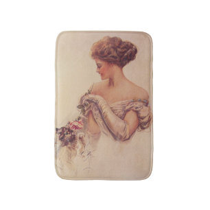 Pretty Woman Holding a Kitten (by Harrison Fisher) Bath Mat