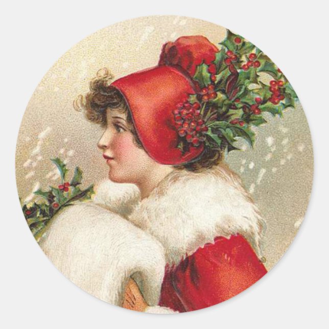 Pretty Woman in Scarlet Victorian Holiday Cards Classic Round Sticker (Front)
