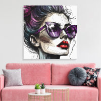 Pretty Woman in Sunglasses and Purple Lipstick