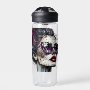 Pretty Woman in Sunglasses and Purple Lipstick Water Bottle