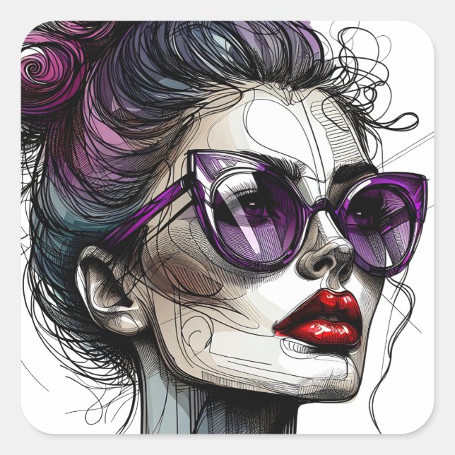 Pretty Woman in Sunglasses and Red Lipstick Square Sticker (Front)