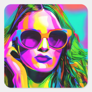 Pretty Woman in Sunglasses Unique Modern Art Square Sticker